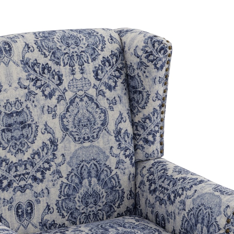 Traditional Floral Patterned Wingback Armchair with Nailhead Trim