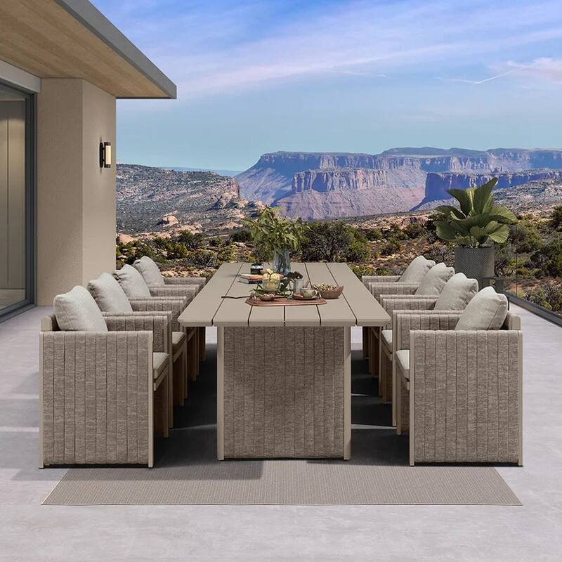 PURPLE LEAF Sanori Patio Dining Set Modern Large Weather-Resistant Table and Aluminum Chairs Beige for Garden Backyard Kitchen - 9-Piece Rectangle(long table)