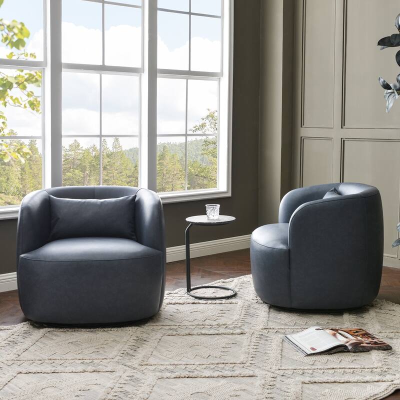 KINWELL 34" Wide Swivel Faux Leather Barrel Armchair Upholstered PU Leather Accent Chairs for Living Room Office Lounge