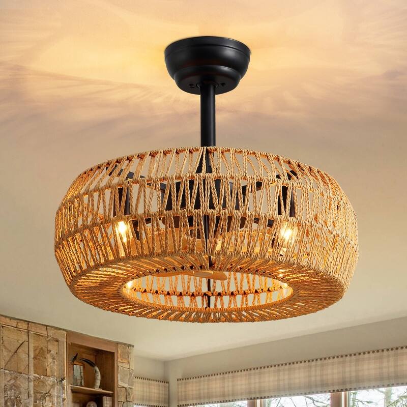 20" Boho Caged Ceiling Fan with Lights Remote Control Rattan Low Profile Ceiling Fan Farmhouse Ceiling Fansfor Kitchen Bedroom