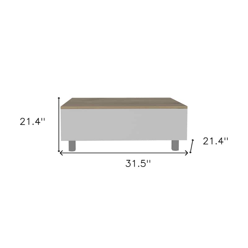 32" White And Light Oak Manufactured Wood Rectangular Lift Top Coffee Table With Drawer And Shelf - 21.4" H x 31.5" W x 21.4" D