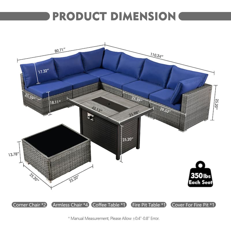 HOOOWOOO 8-piece Grey Wicker Patio Furniture Set Sectional Sofa with Fire Pit Table