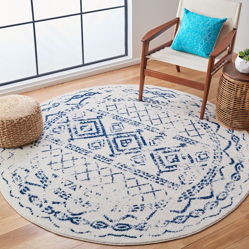 SAFAVIEH Tulum Hinnertje Rustic Moroccan Boho Tribal Distressed Rug - 3' Round - Ivory/Navy