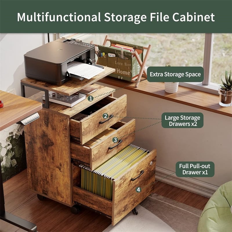 3-Drawer Rolling Filing Cabinet - 6.3"D x 30.12"W x 21.65"H