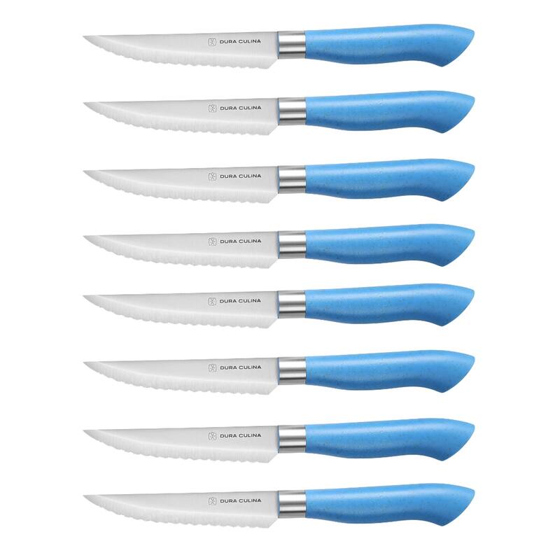 Dura Living EcoCut 8-Piece Steak Knife Set - High Carbon Micro-Serrated Stainless Steel Blades, Sustainable Ergonomic Handles - Blue - 8 Piece