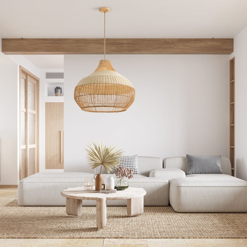 Beatrice Rattan Pendant Light - Natural Dome 1-Light Handwoven Hanging Light For Modern, Transitional, Farmhouse Room Decor