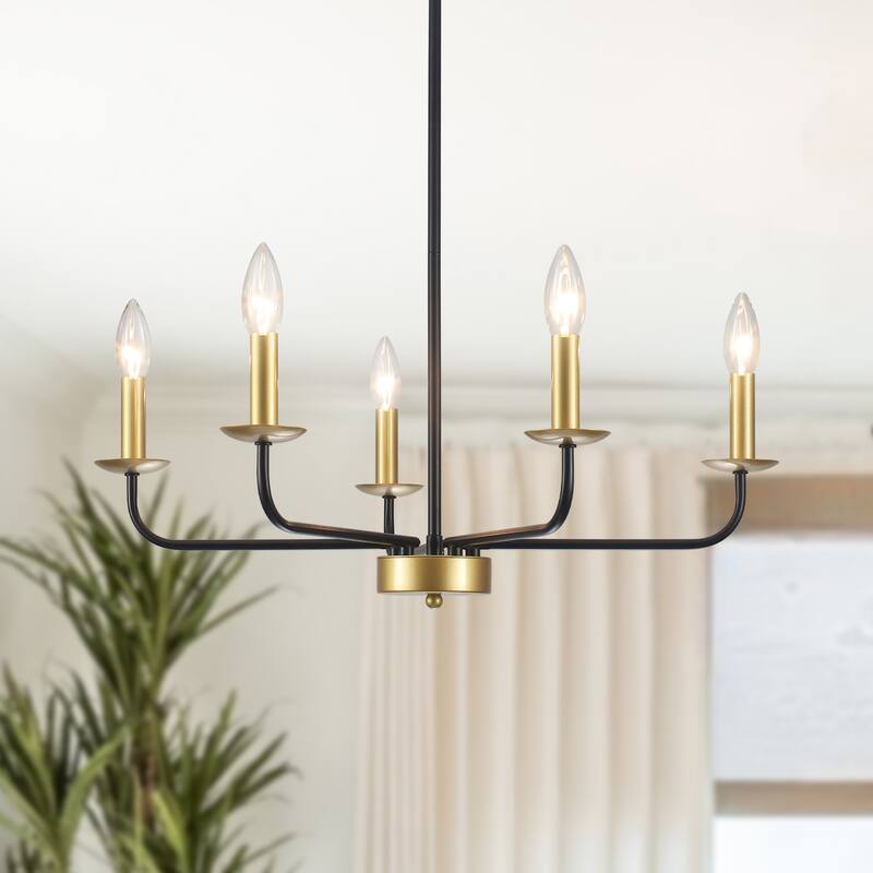 5-Light Rustic Candlestick Hanging Linear Chandelier Lighting Island Chandelier Fixture for Kitchen Island - Black and Gold