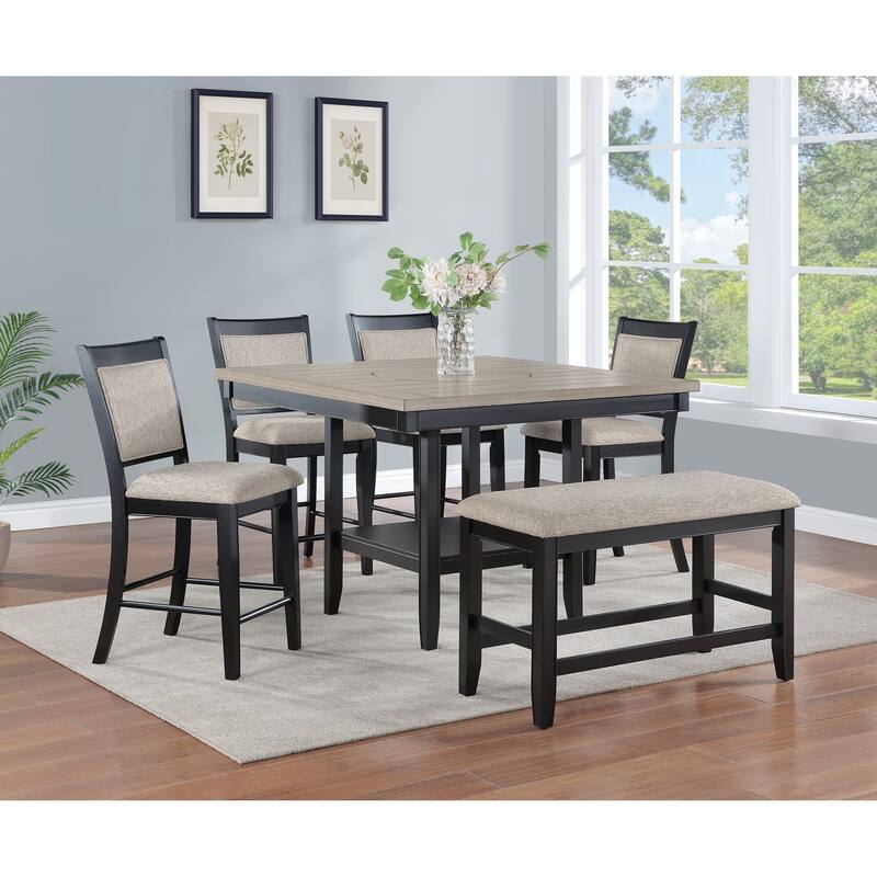 Farmhouse Style 2Pc White & Gray Linen Counter Height Chair Bar Stool Footrest Wooden Furniture