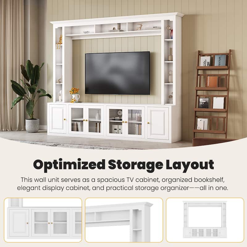 4-Piece Modern TV Stand and Wall Unit with Storage, Large 92 Inch Media Console with Cabinets & Display Shelves for 80 Inch TV
