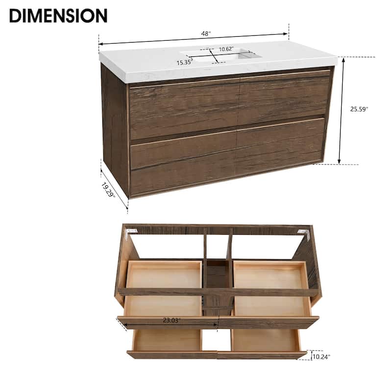 24"30"36"48"60"72" Floating Bathroom Vanity Engineered Stone Top with Rectangular Ceramic Undermount Sink