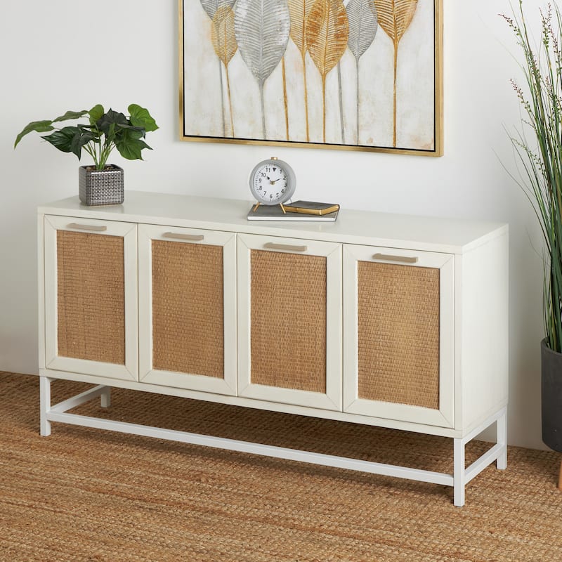 Wooden 4 Door Sideboard with Brown Woven Rattan Doors and Metal Base - White - Roche River Decor - 16"W x 60"L x 31"H