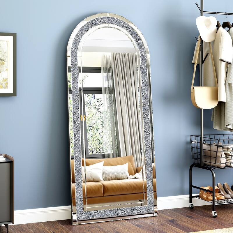 Arched Full Length Floor Mirror Diamond Accent Full Body Mirror - Silver