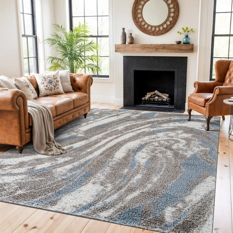 Marble Swirl Shag Rug - Blue - Medium Pile - Great for Living Room, Bedroom, or Entryway - 7' 10" x 10'
