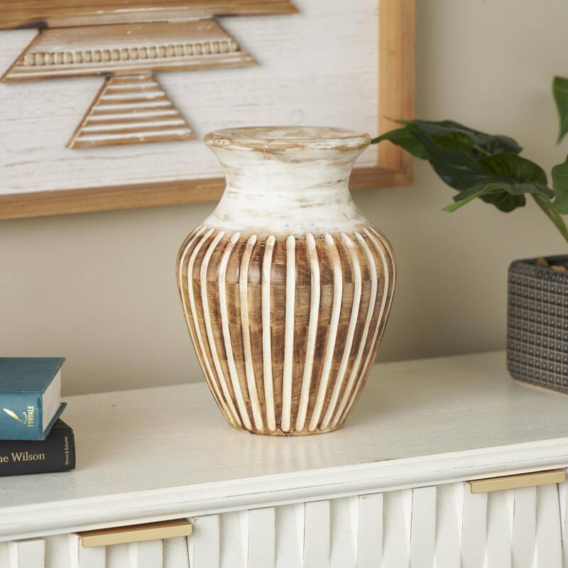 Mango Wood Distressed Decorative Vase with Carved Grooves - Brown - Roche River Decor