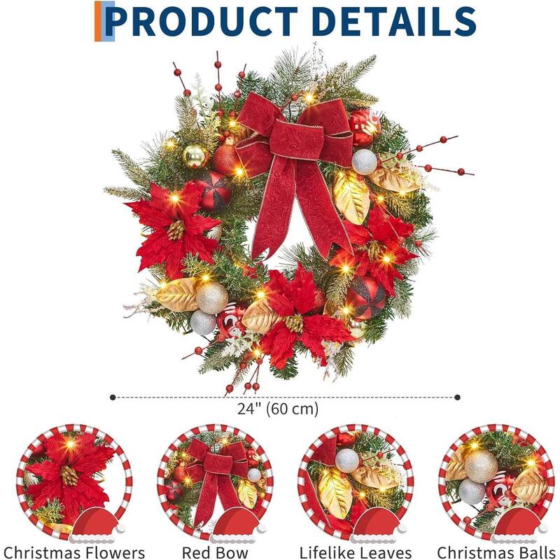 24 Inch Pre-Lit Christmas Wreath with Red Ribbon & Gold Accents