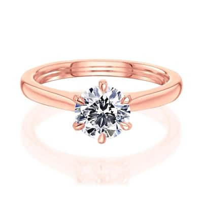 Kobelli 1 Carat Lab Grown Diamond Certified 14k Solid Gold Round Solitaire 6-Prong Tower Taper Tokyo Ring (FG/SI)