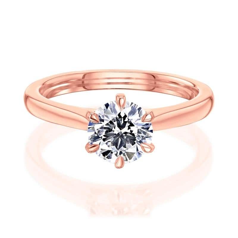 Kobelli 1 Carat Lab Grown Diamond Certified 14k Solid Gold Round Solitaire 6-Prong Tower Taper Tokyo Ring (HI/SI) - 7.5 - Rose