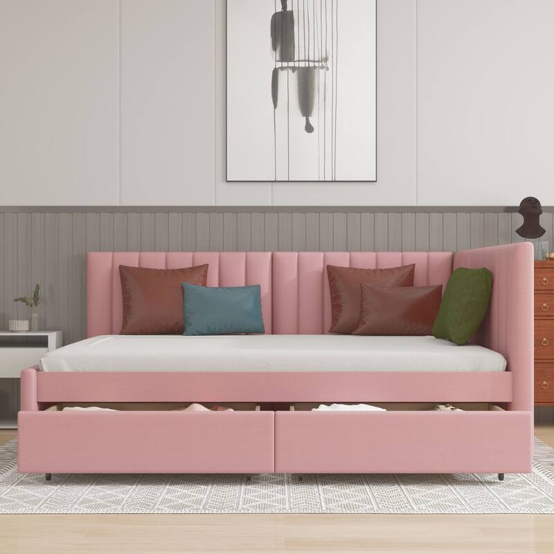 Upholstered sofa bed with 2 storage drawers - Pink
