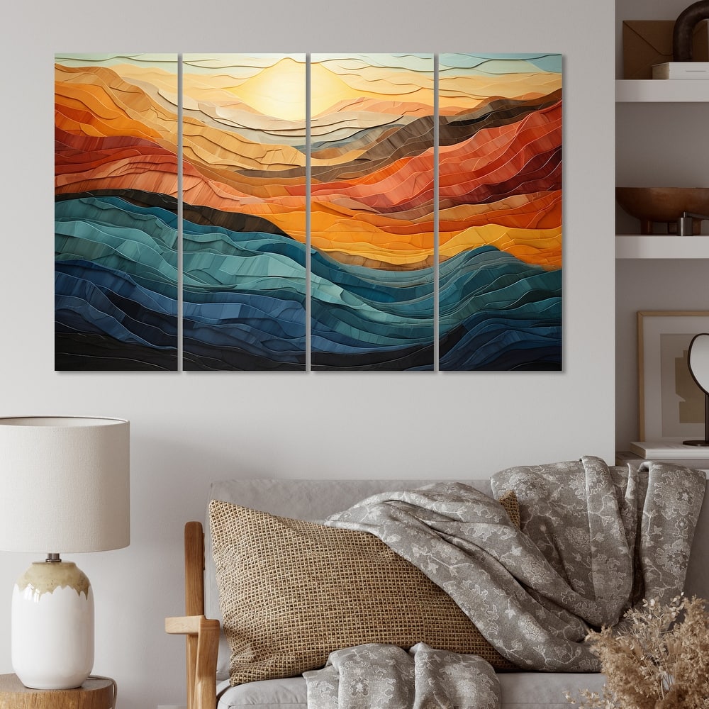 Designart "Coral Teal Bold Mountains Landscape" Modern Multipanel Canvas Wall Art set