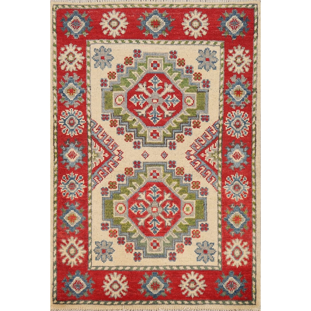 Ivory & Red Geometric Kazak Oriental Foyer Rug Handmade Wool Carpet - 2'0"x 3'0"