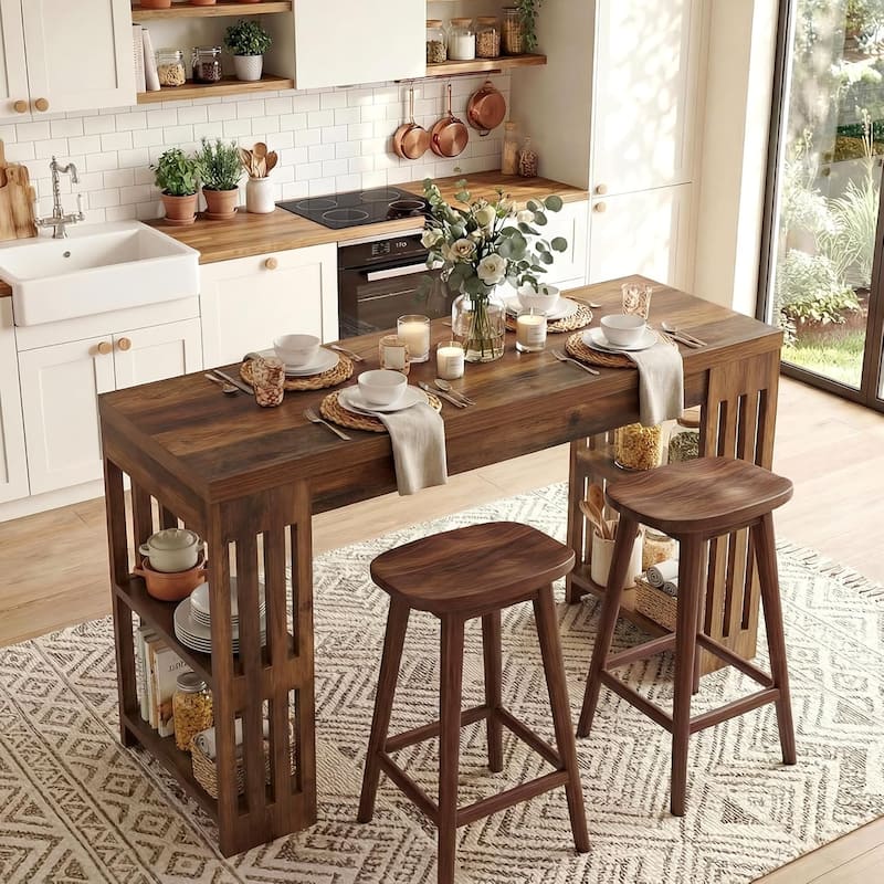 63 Inch Rectangle Bar Table, Farmhouse Pub Bistro Table Home Bar Unit with Storage Shelves - 62.99" L x 19.68" W x 37.4" H - Brown