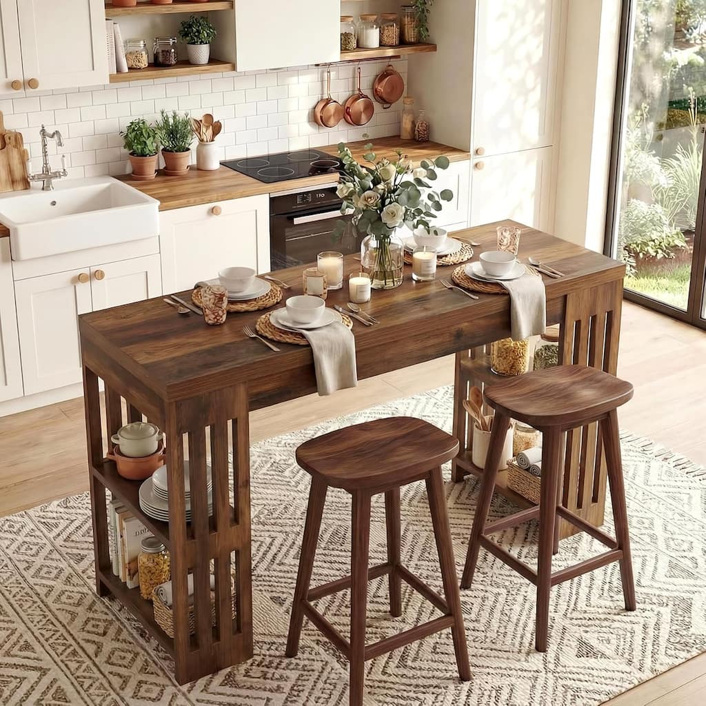 63 Inch Rectangle Bar Table, Farmhouse Pub Bistro Table Home Bar Unit with Storage Shelves - 62.99" L x 19.68" W x 37.4" H