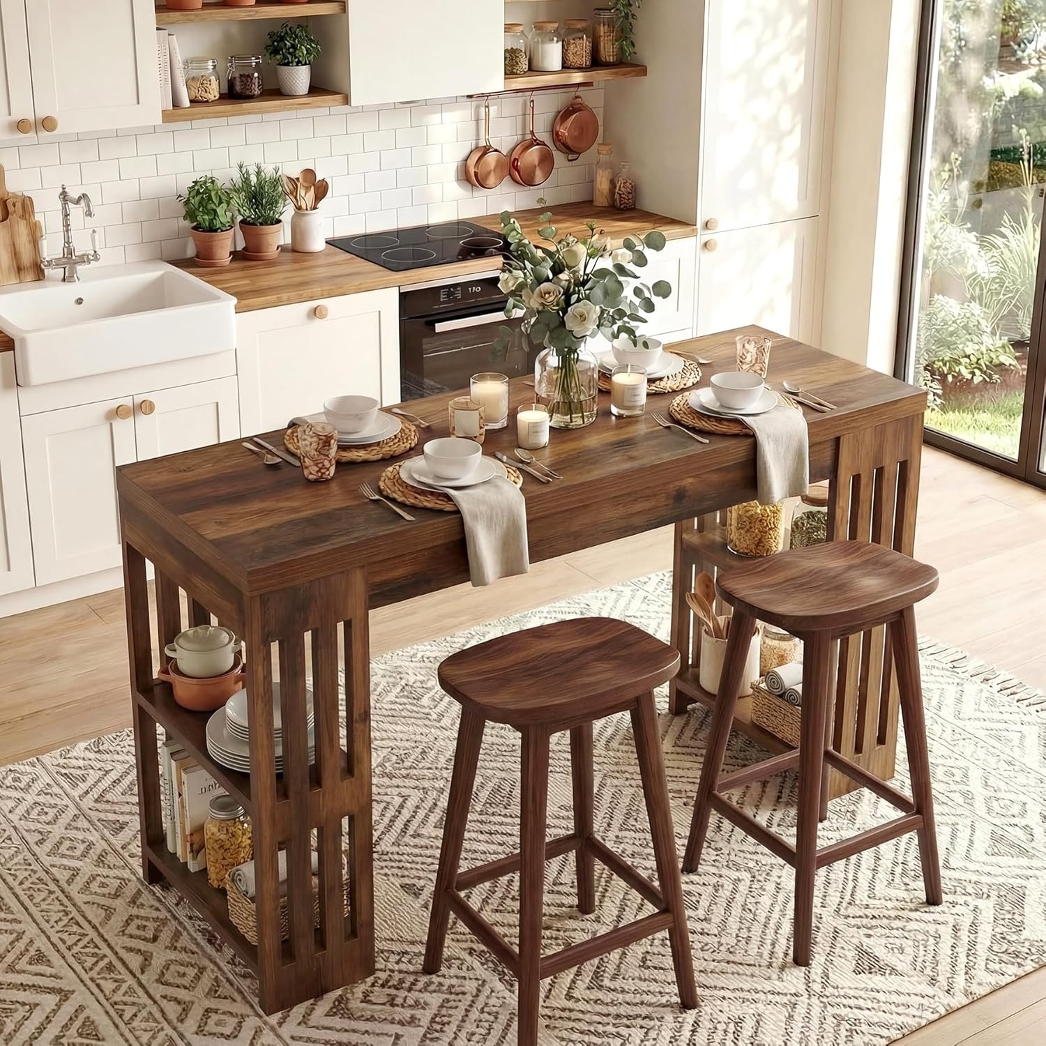 63 Inch Rectangle Bar Table, Farmhouse Pub Bistro Table Home Bar Unit with Storage Shelves - 62.99" L x 19.68" W x 37.4" H