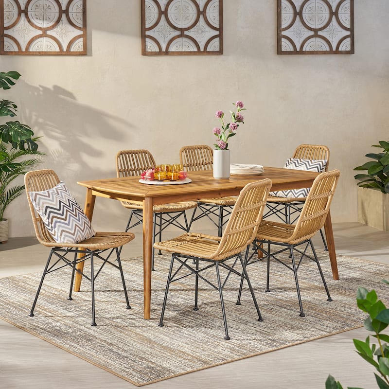 Sawtelle Outdoor 6-Seater Wicker Dining Set by Christopher Knight Home - Light Brown + Teak Finish
