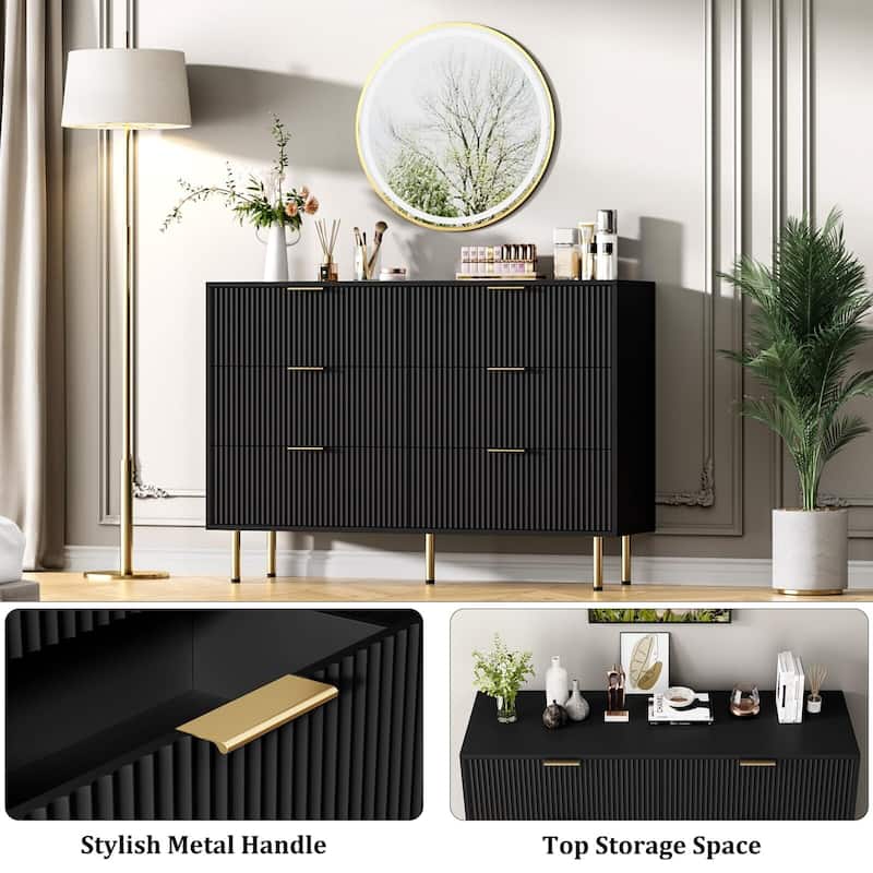6 Drawers Dresser for Bedroom, Fluted Dresser Chest of Drawers with Handle, Wood Modern Dressers for Closet
