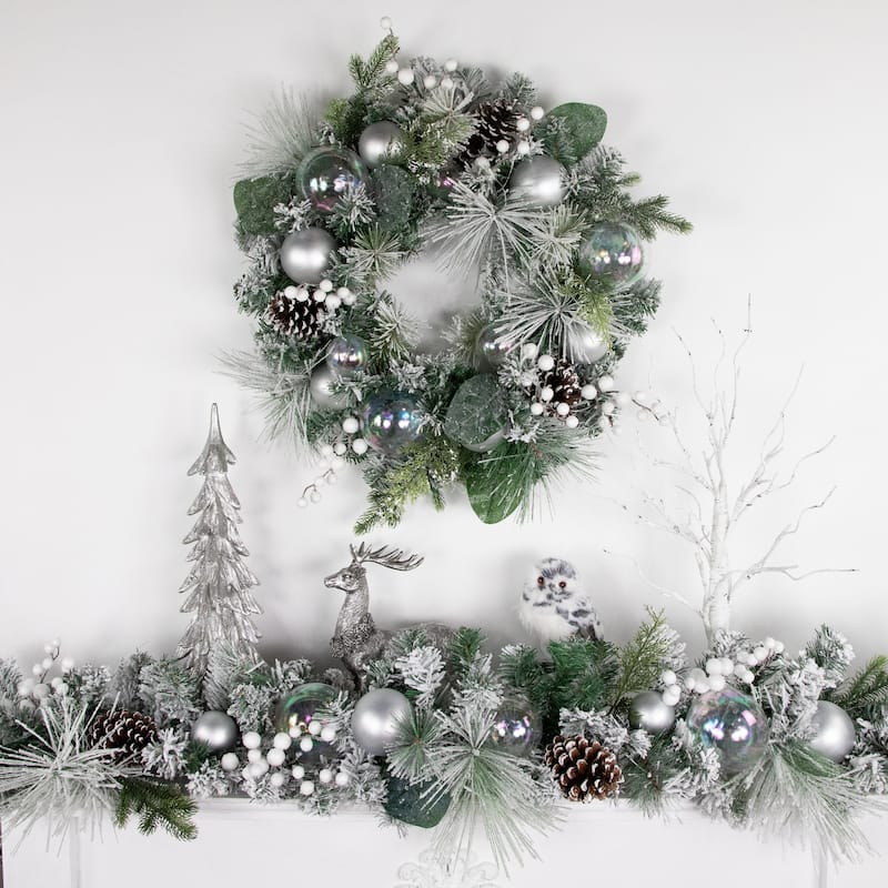 Flocked Pine Artificial Christmas Wreath Iridescent Ornaments 24"