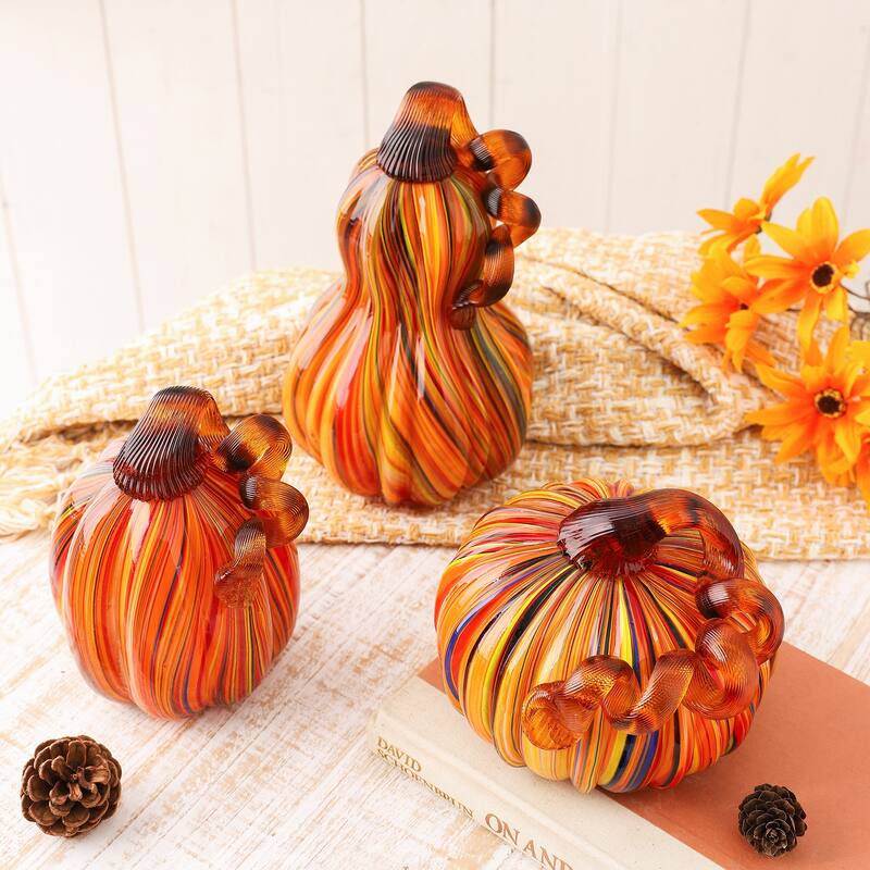 Glitzhome Fall Harvest Handblown Glass Pumpkins Set Thanksgiving Table Centerpieces