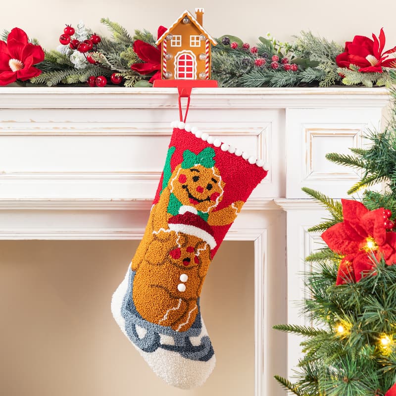 Glitzhome Christmas Marquee LED Gingerbread Man House Stocking Holders with Stockings Mantel Ornament