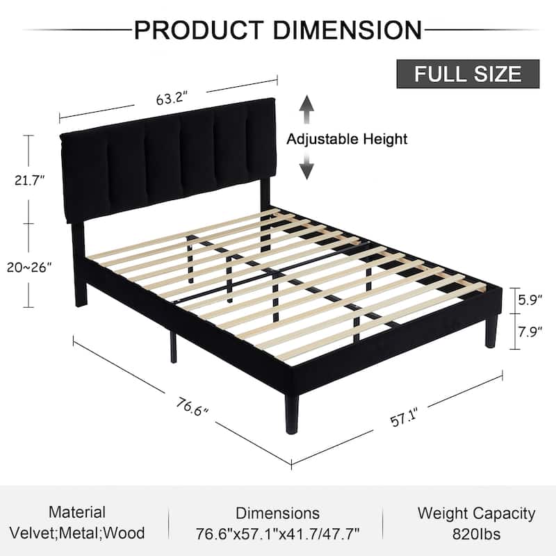 Javlergo Velvet Upholstered Platform Bed Frame with Adjustable Headboard