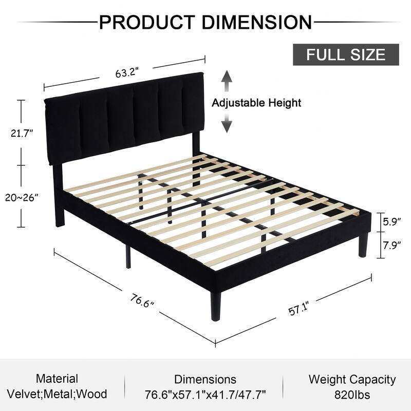 Upholstered Velvet Upholstered Bed Frame with Adjustable Height Headboard No Box Spring Needed Platform Bed Under Bed Storage