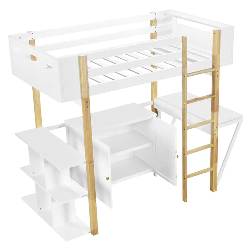White Twin Size Solid Wood Loft Bed With Built-in Storage Cabinet and Cubes, Foldable desk