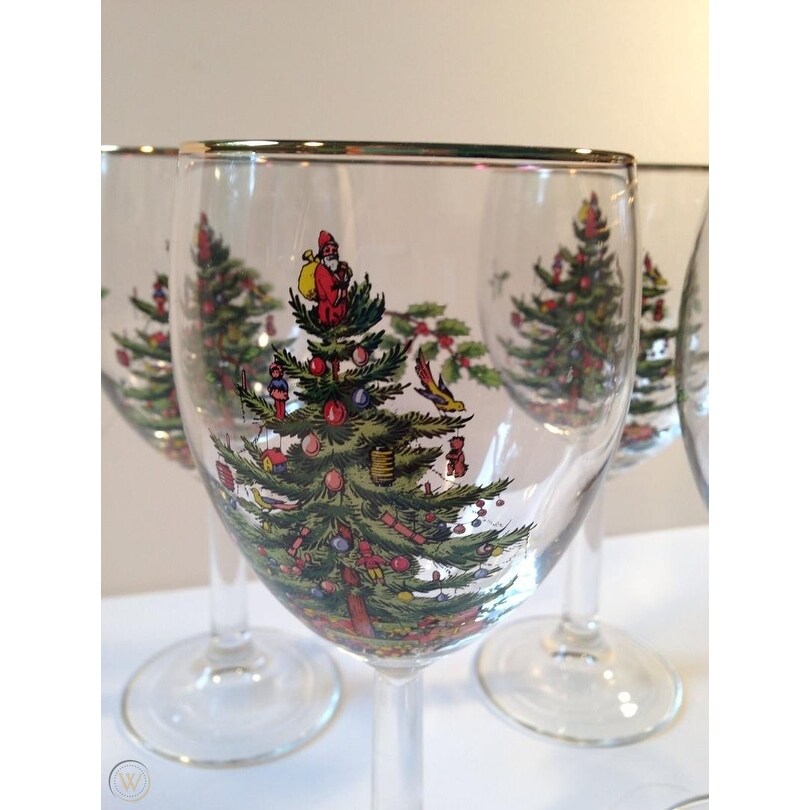 Spode Christmas Tree Stemless Wine Glass 22 Karat Gold Rim 19oz Set Of 4