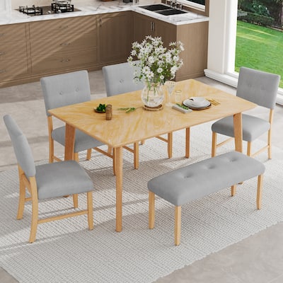 6 Piece Dining Room Table Set, Rustic Farmhouse Dining Room Rectangular Table with 4 Upholstered Chairs and Bench, Solid