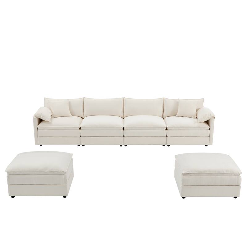 136" U-Shaped Chenille Sectional Sofa with 6-Seat Cloud Couch and Dual Ottomans & Pocket Springs (330lb Capacity)