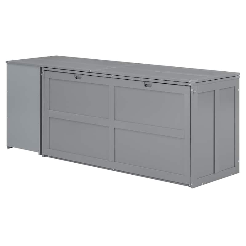 Grey Queen Murphy Bed in Pine Wood & MDF with Rotating Desk and Storage Shelves