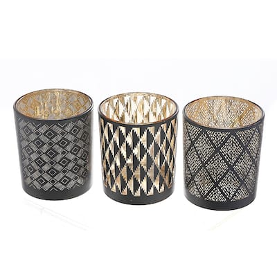 Glass Tealight Holder Black Pattern - Set of 3 - N/A