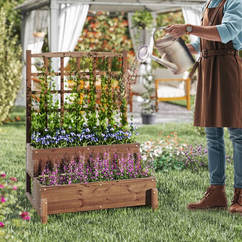 Gymax 2PCS Raised Garden Bed w/Trellis Drainage Holes Legs Twisting