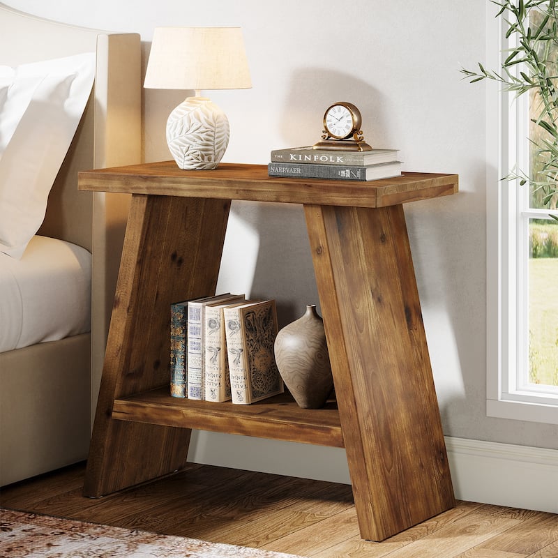Solid Wood 2-tier Narrow Side End Table for Living Room - 11.81"D x 23.62"W x 23.62"H