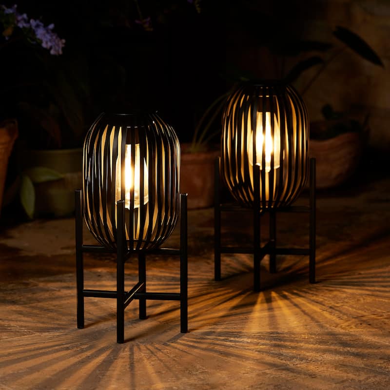 Glitzhome Set of 2 Outdoor Black Metal Striped Solar Lantern Floor Lamp