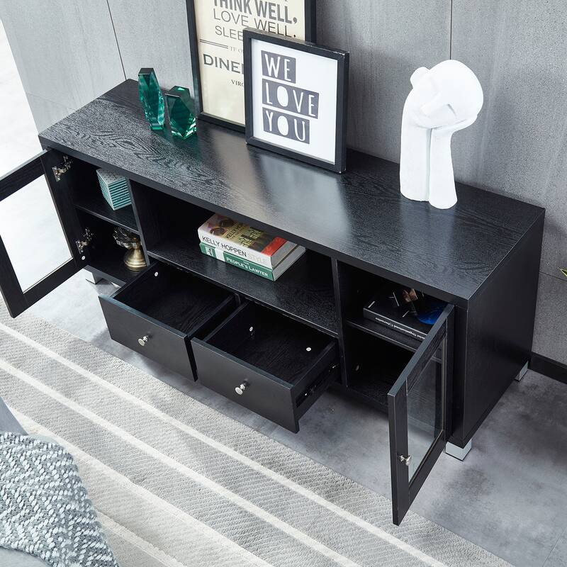 Black 58" TV Stand with Open Shelf, Cabinets & Drawers