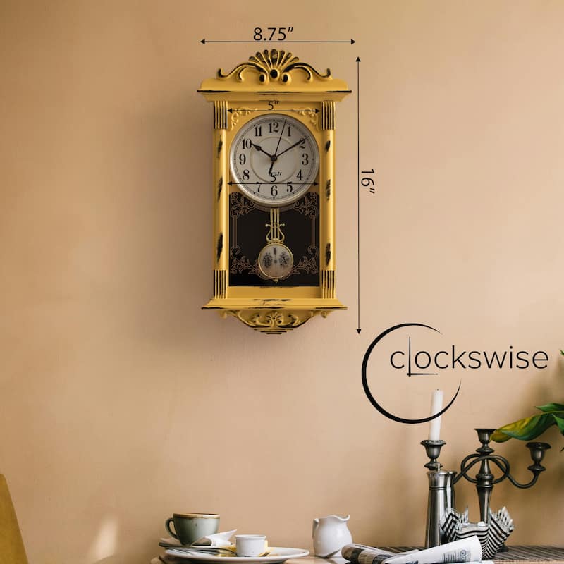 Clockswise Vintage Grandfather Wood-Looking Plastic Pendulum Decorative Battery-Operated Wall Clock Brown, for Home Decor