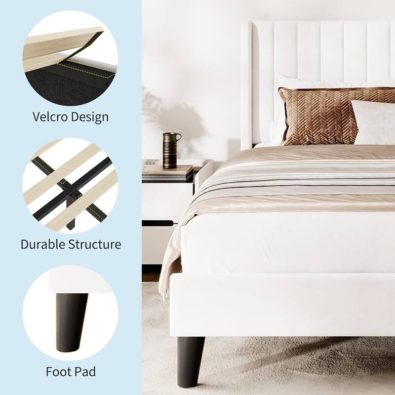 Velvet Upholstered Platform Bed Frame with Tufted Wingback Headboard, No Box Spring Needed