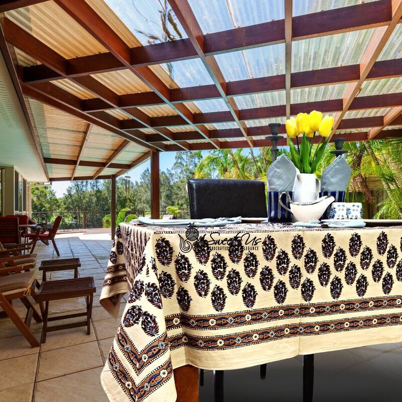 Earthy Spiral Floral Block Print Cotton Tablecloth Collection - 60 x 90 inches
