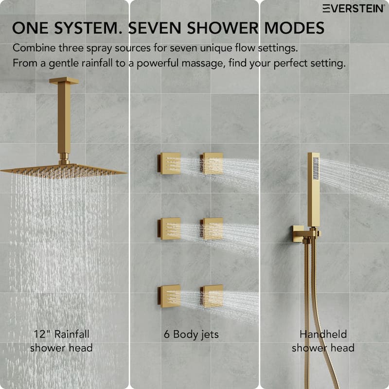 Shower System 12" Ceiling Rain Shower Head with 3-Way Thermostatic Faucet & Body Jets