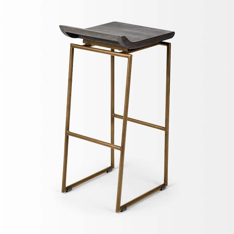 Givens Dark Brown Solid Wood Seat with Gold Metal Frame Bar Stool - 14"W x 15.8"D x 31.8"H