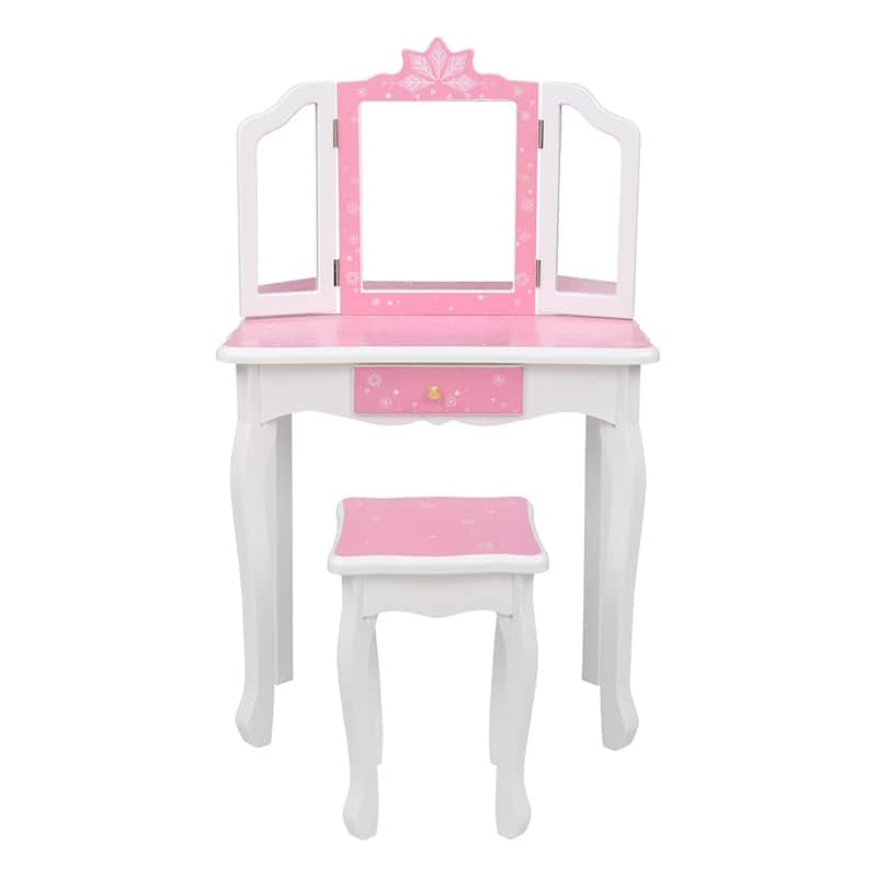 Kids Vanity Table and Stool Set Three-Sided Folding Mirror Single Drawer - Pink